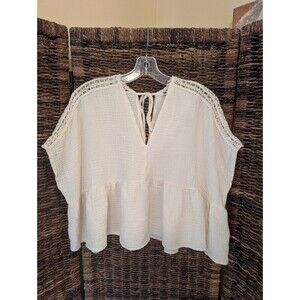 Piaza Italia Crochet Gauze Cotton Blouse Top Medium Cream Crop Boho Boxy Tie